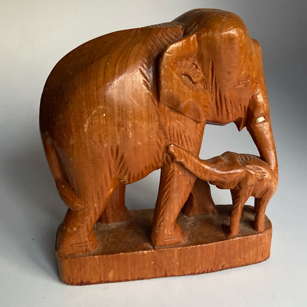Carved Wooden Elephant with Baby